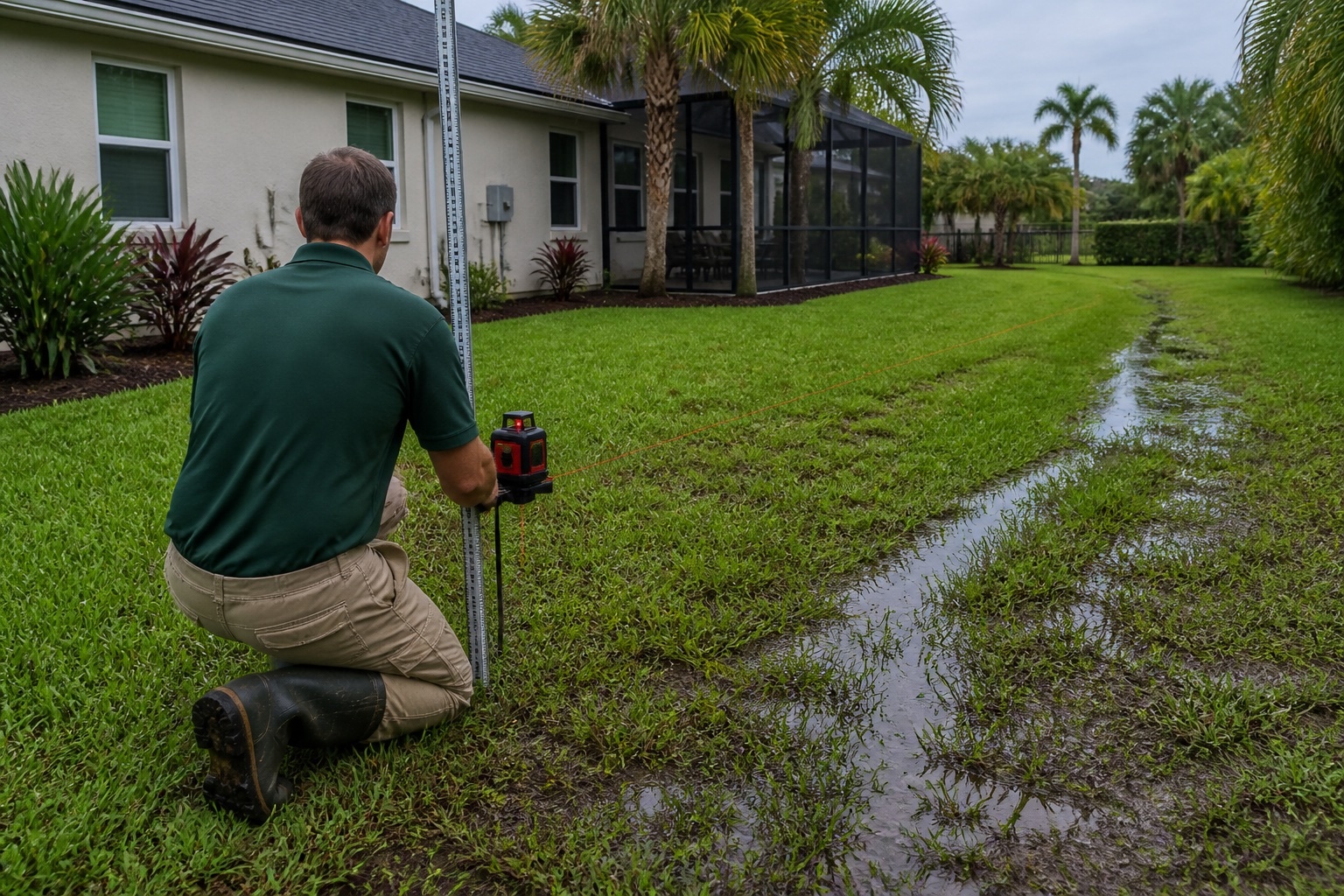 Drainage professional checking lawn slope after rain